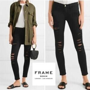Frame Le Skinny De Jeanne Black Distressed Mid-rise Crop Raw Hem Stretch- 29 EUC